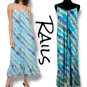 Rails Jennica Tie-Dyed Crepe Dress Maxi Ruffle Sundress Blue Green Womens Size S